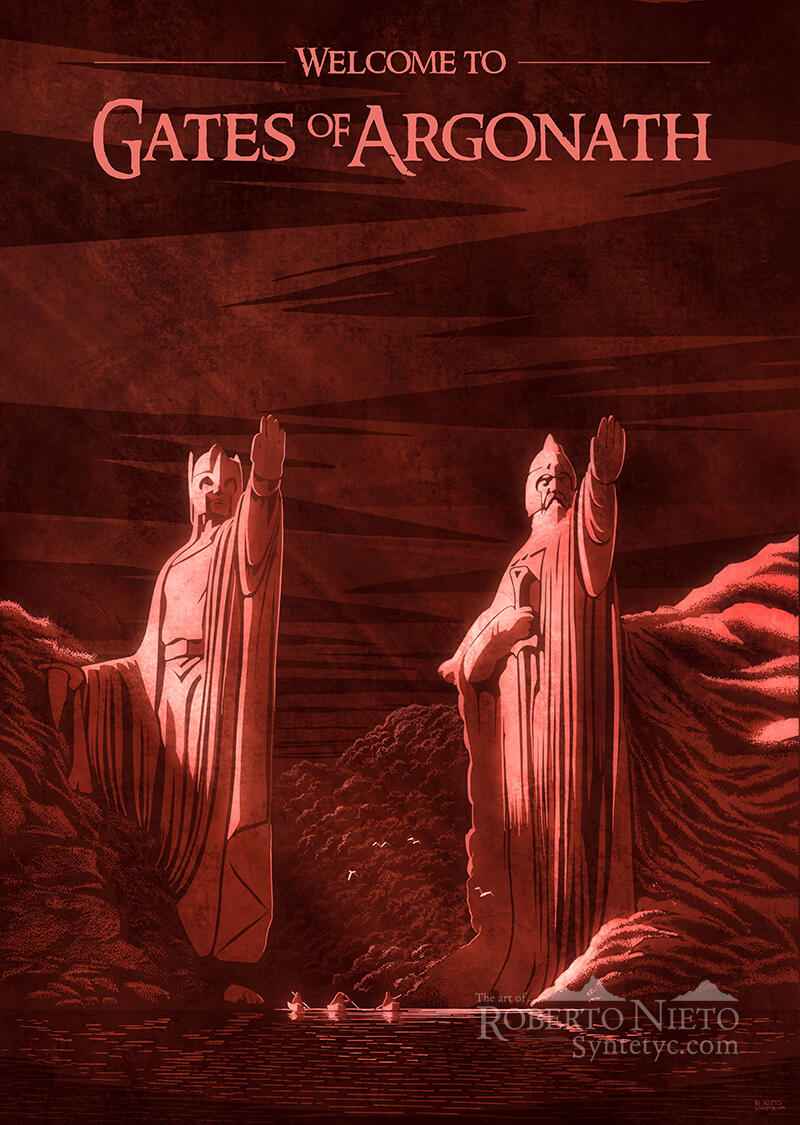 A beautiful fantasy poster from the Lord of the Rings, the gates of Argonath