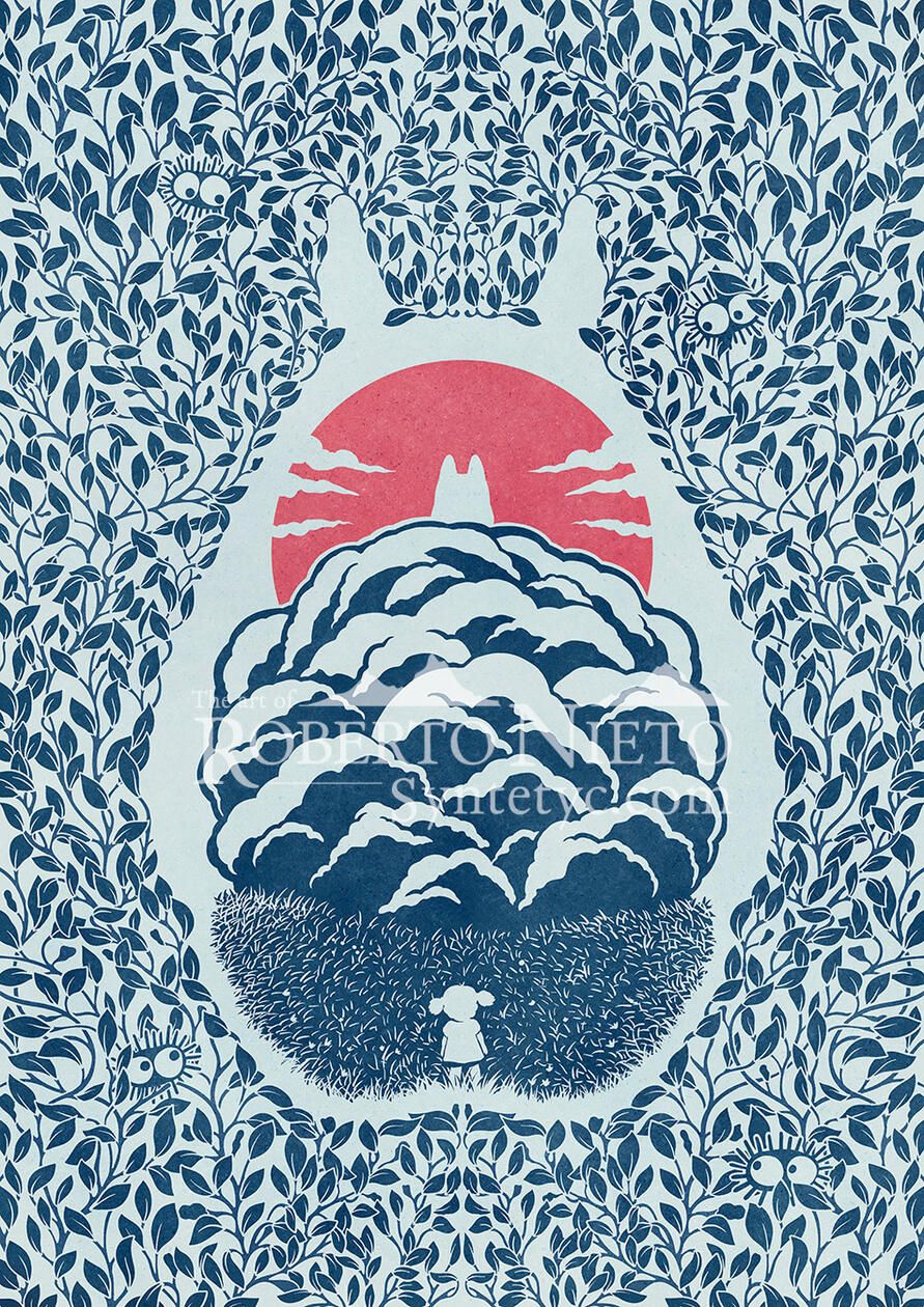 A beautiful totoro inspired poster and merch prints. Studio Ghibli home decoration.